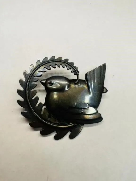 Georg Jensen Sterling Silver Bird, Fern Brooch Pin