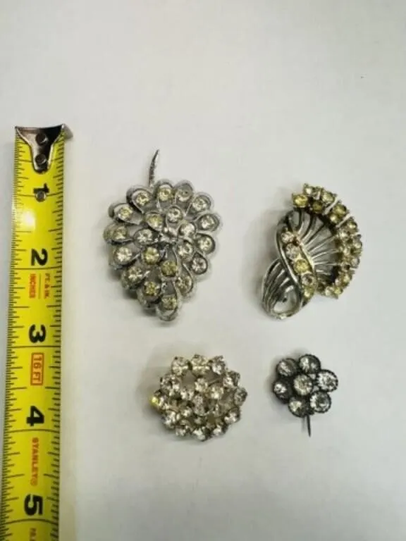 4 Vintage Rhinestone Silver tone Brooches