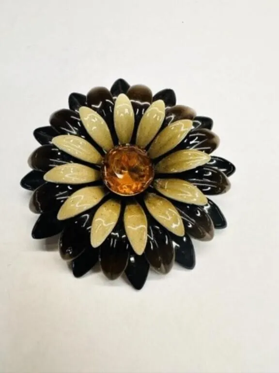 Brown Enamel Rhinestone Flower Brooch