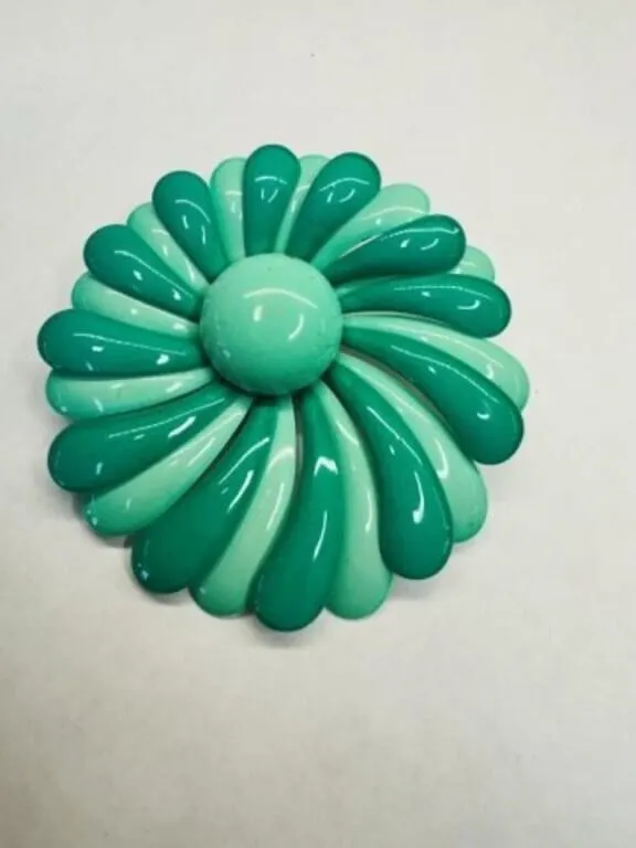 Green Enamel Flower Brooch Pin 3"