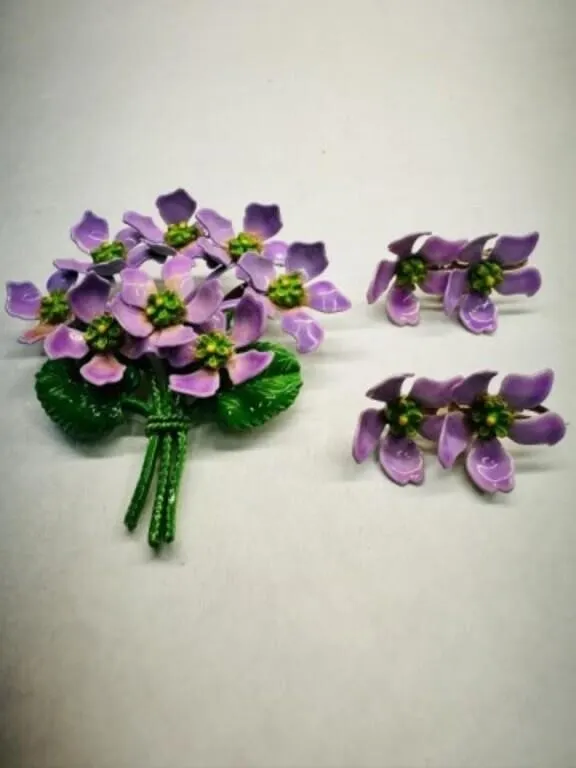 Lavendar Flower Bouquet Enamel Brooch & Earrings