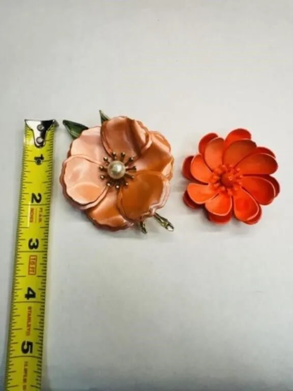2 Orange Flower Enamel Brooches