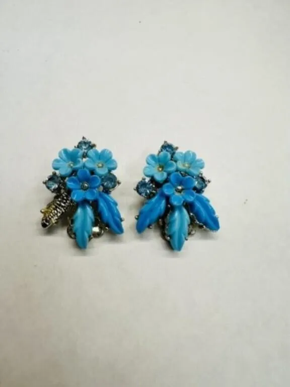 Coro Blue Mold Flower & Rhinestone Earrings