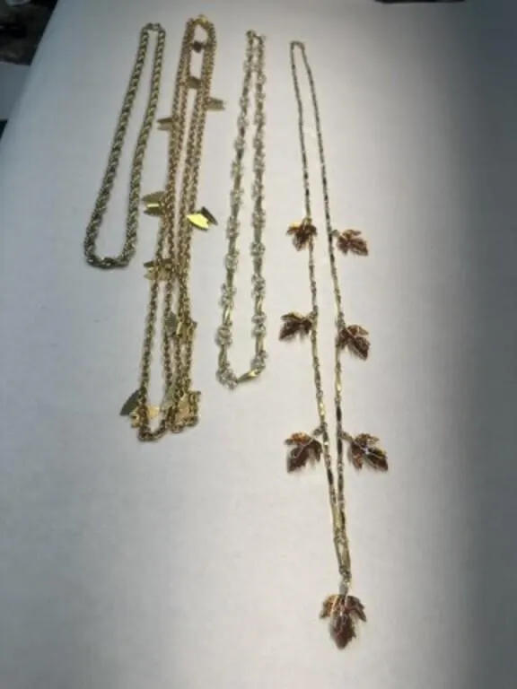 4 Long Gold tone Chain Necklaces, Butterflied,