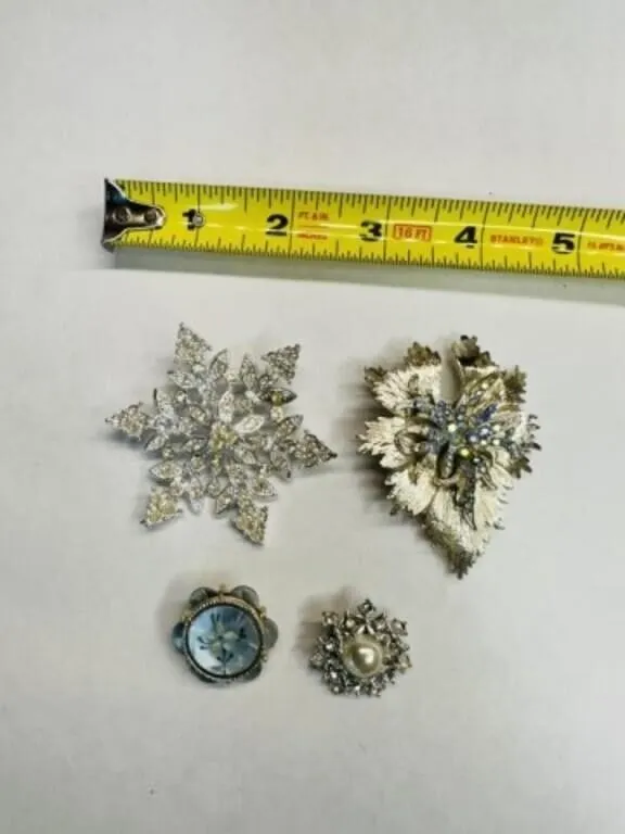 4 Silver tone Rhinestone Brooches- Snowflakes are