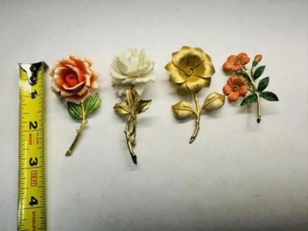 4 Floral Stemmed Vintage Brooches-one is Marked