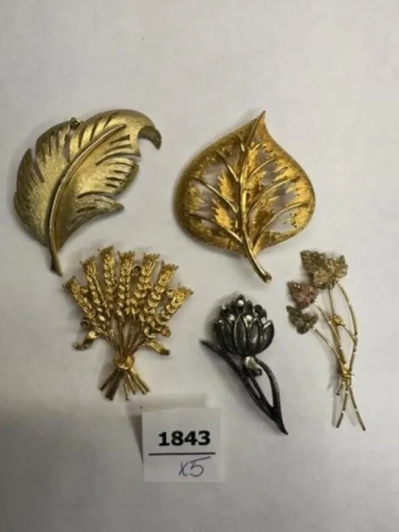 5 Gold tone Vintage Brooches-floral stems, leaves