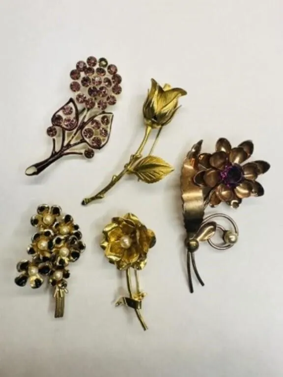 5 Gold tone Vintage Brooches-floral stems