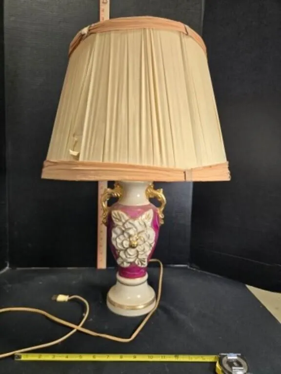 Table lamp, ceramic, 24" tall, gold leaf handles