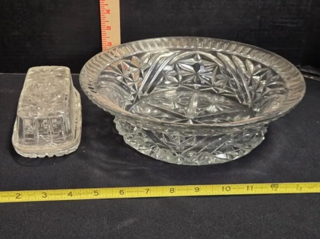Clear cut glass bowl & covered butter dish