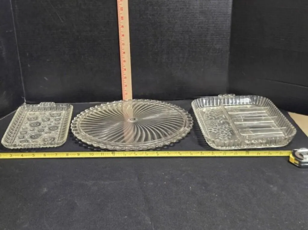 Clear glass cake plate, relish tray, serving tray