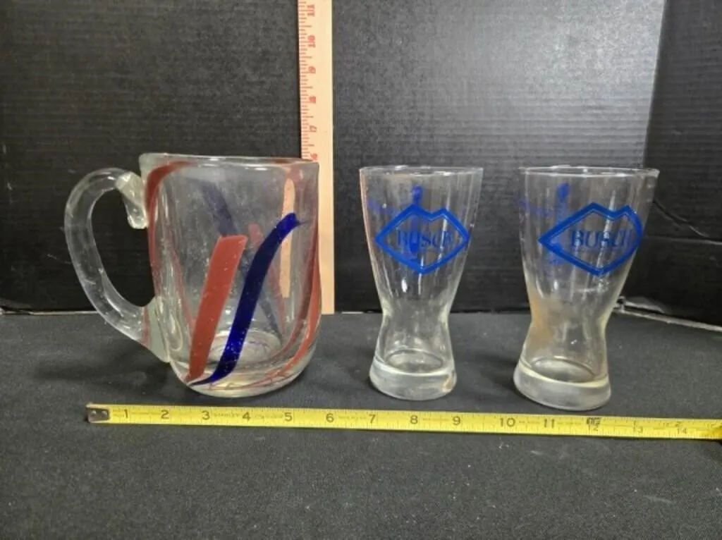 Glass pitcher & 2 beer glasses