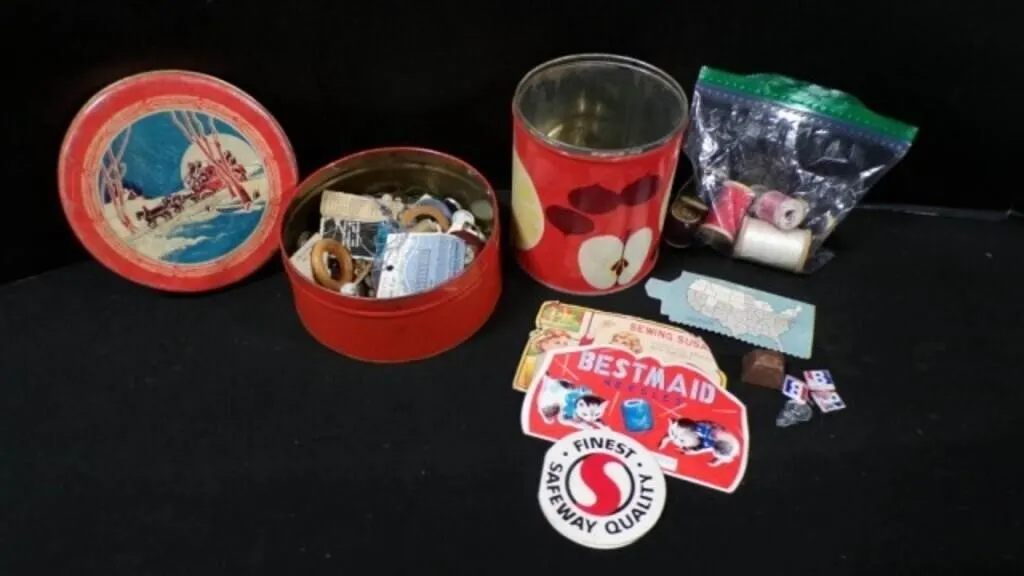 2 Vintage Cans Filled w/Sewing Items & Buttons