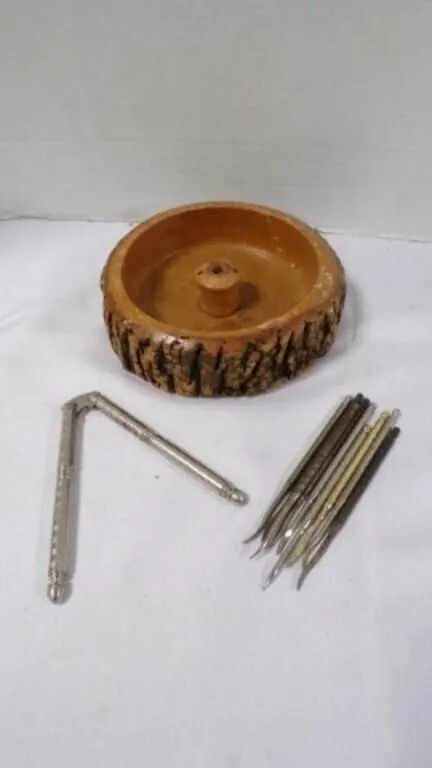 Vintage Tree Bark Bowl, Metal Nut Cracker & Picks