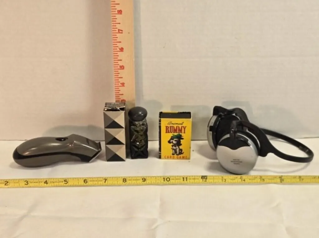 AM/FM headphones, shaver, card game, Avon cologne