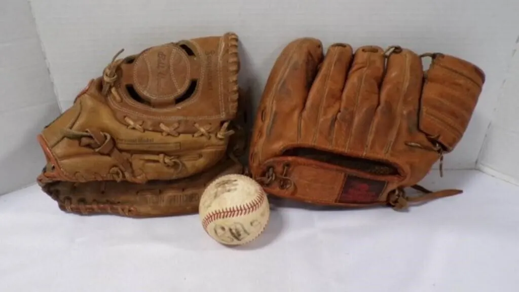 2 Vintage Baseball Gloves and Ball - USED