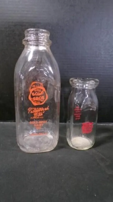2 Vintage Orange Pyroglaze Labeled Milk Glasses