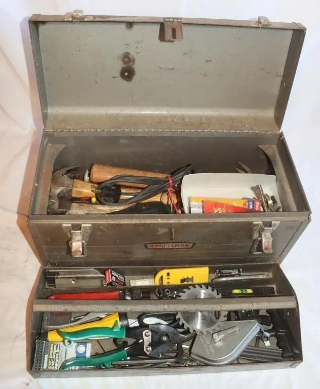 Metal Tool Box w/ Hammers, Rotary Tool,