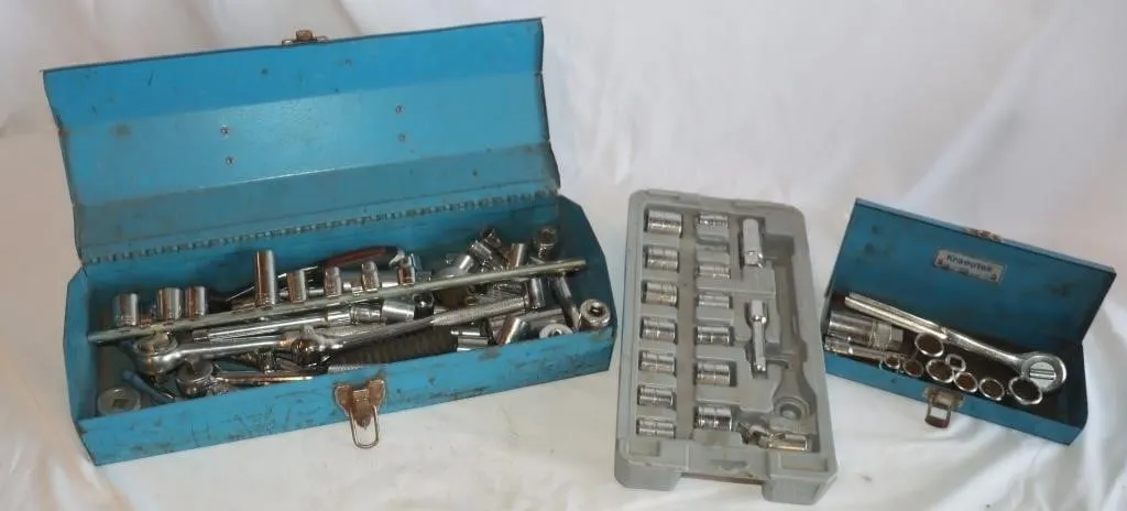 Sockets, Ratchets, Extensions w/ Metal Tool Boxes