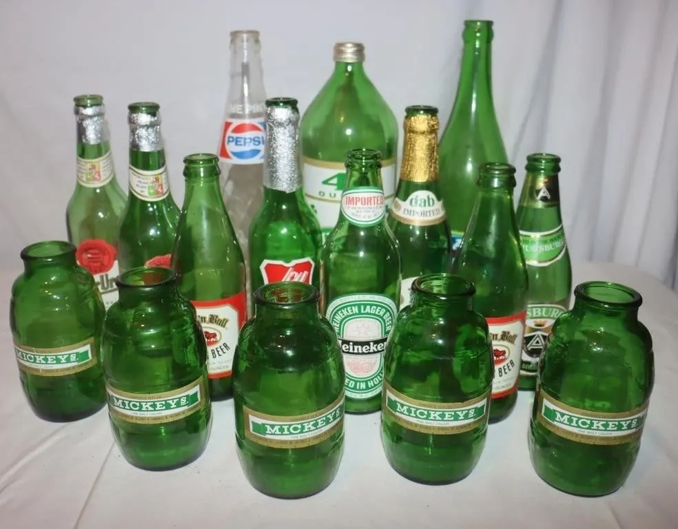 Green Glass Beer & Soda Bottles: