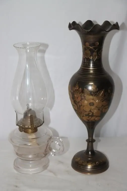 Metal Vase & Glass Oil Lamp
