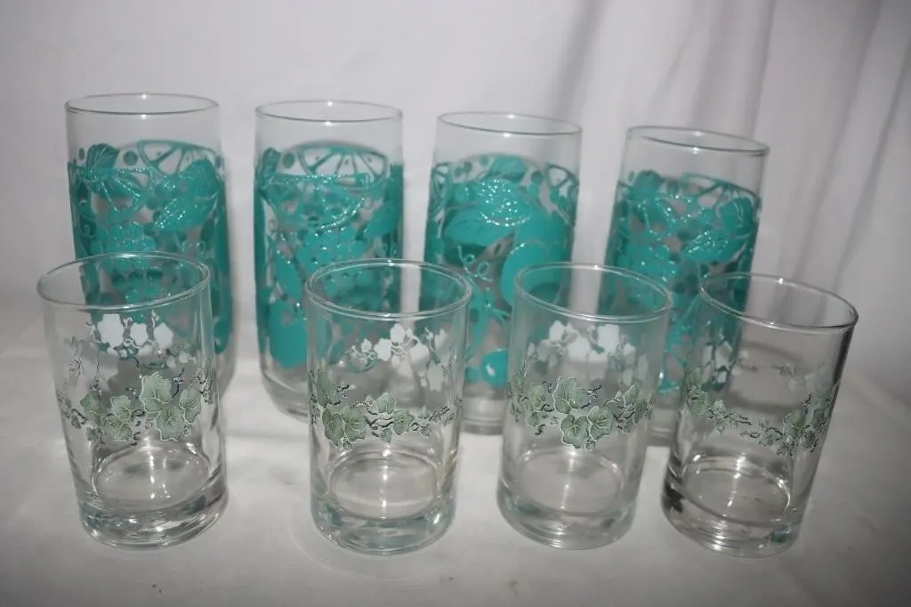 Libbey? Glass Tumblers w/ Fruit & Ivy Patterns