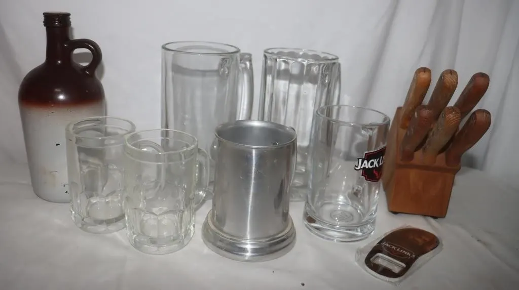 Glass Mugs, Steak Knives, Ceramic Jug,