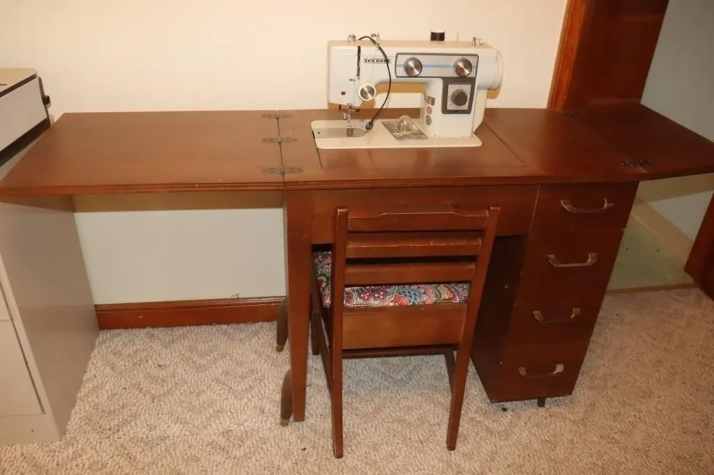 New Home Sewing Machine (works) Cabinet & Chair;