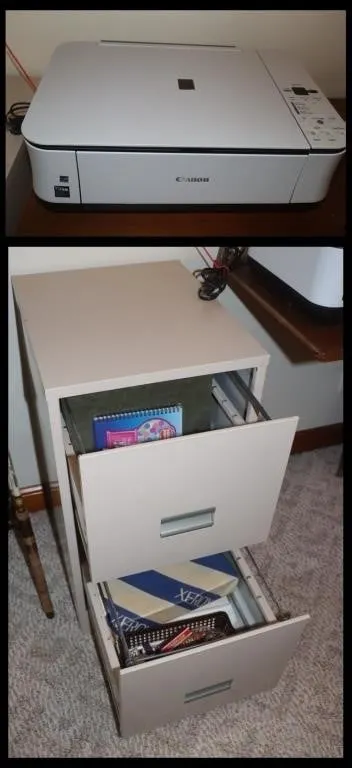 Canon Printer, Filing Cabinet w/ Supplies