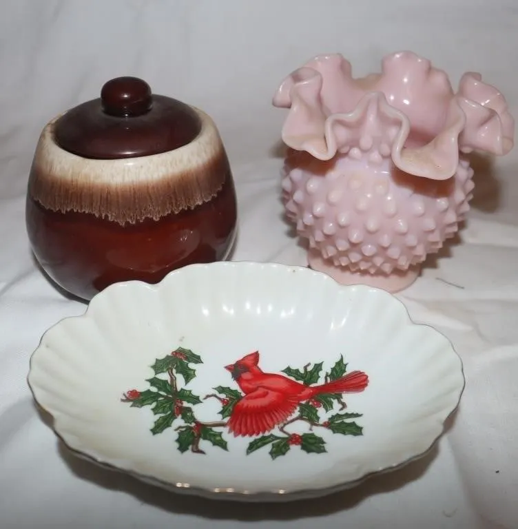 McCoy Jar, Hobnail Vase, And Lefton Dish