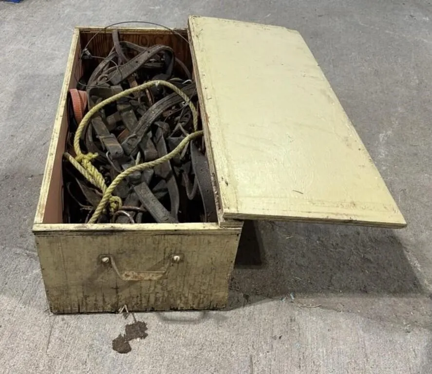 Wooden Box w/Misc. Horse Tack 28”Lx14”Wx10”D.