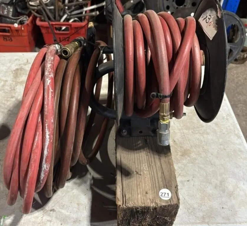 Air Hoses & Reel Mounted on a Block of Wood.