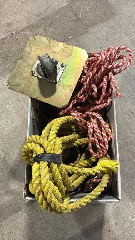 Box of Various Lengths of Rope & Asst. Items