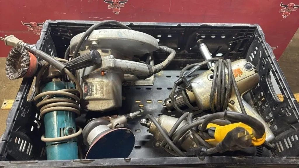 Tote of Corded Tools - Side Grinder, Drill, Etc.