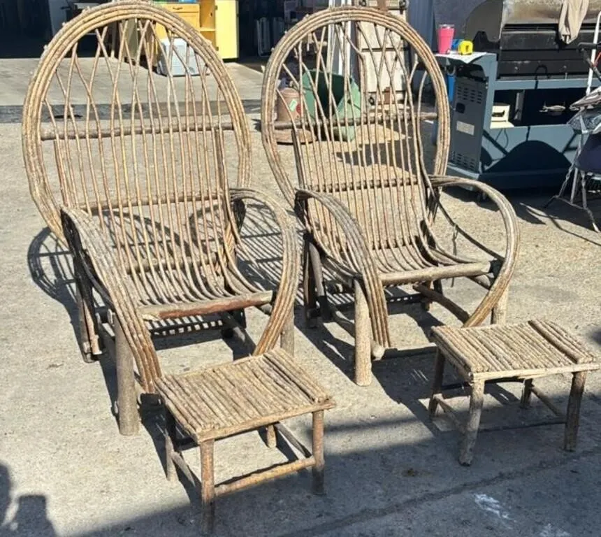 Handcrafted Bent Willow Armchairs w/Foot Stools.