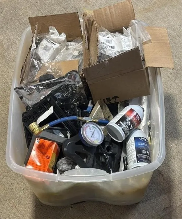 Large Tote Of Misc. Garage Goodies - Stop Leak,