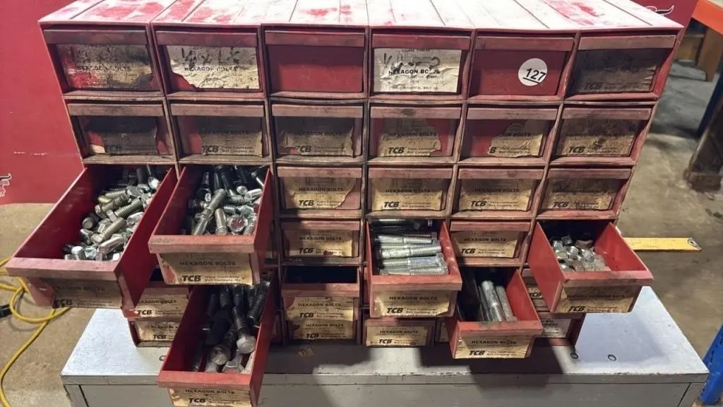 36 Drawer TCB Bolt Bins w/Contents 21”x7”x15”.
