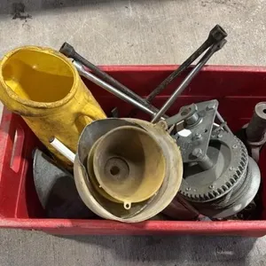 Bucket of Asst. Garage Items- Funnels, Hand Winch
