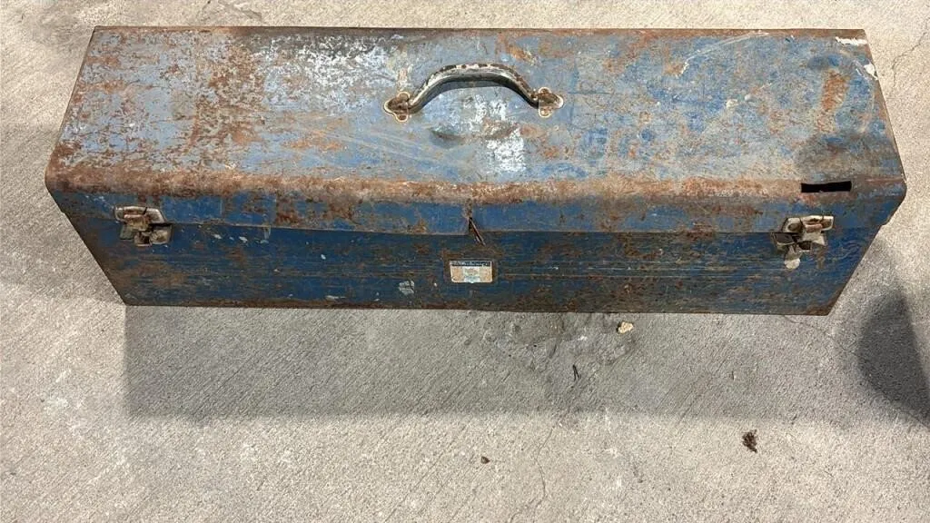 Large Rusty Metal Tool Box w/ Concrete Tools
