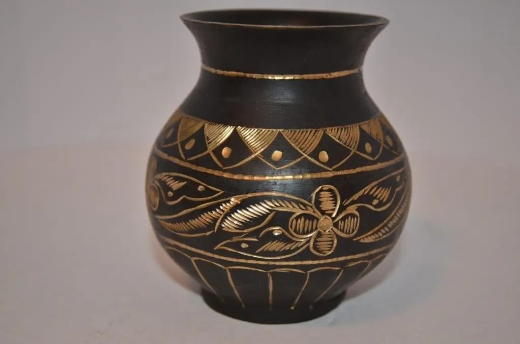 Vintage Black Brass Vase Etched shows Gold Brass