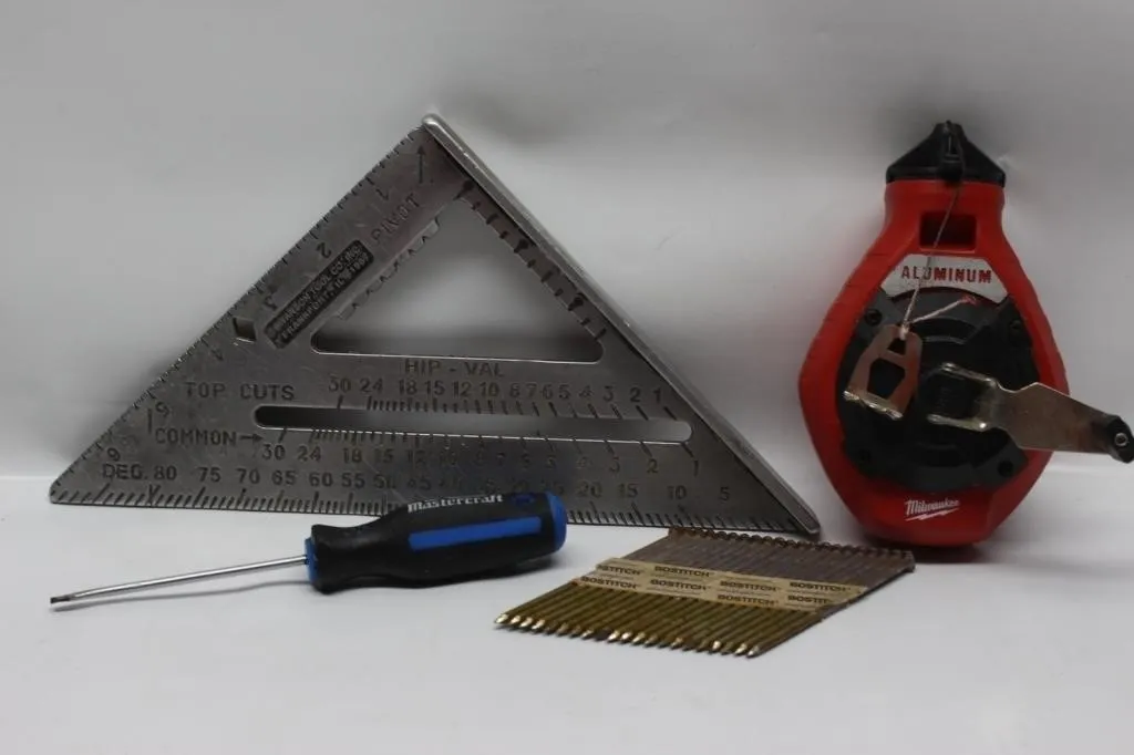Speed Square, Screwdriver, Nails & Tape Measure
