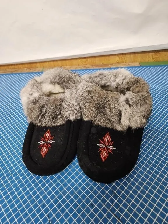 Fur-trimmed beaded moccasin slippers