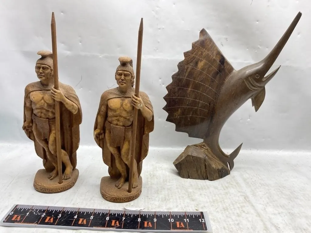 Carved Wood Warrior Figures & Marlin Sculpture