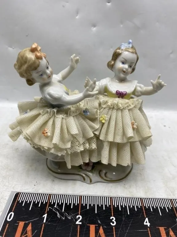 Dresden Lace Porcelain Figurine, Two Girls Dancing
