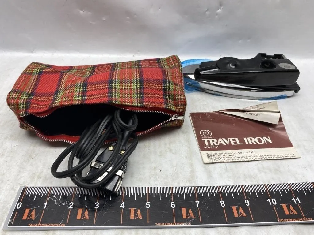 Vintage Travel Iron with Plaid Case and Manual
