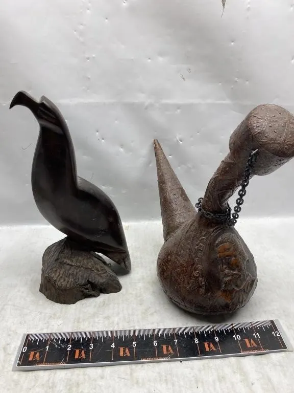 Carved Wood Bird Figurine & Leather Flask