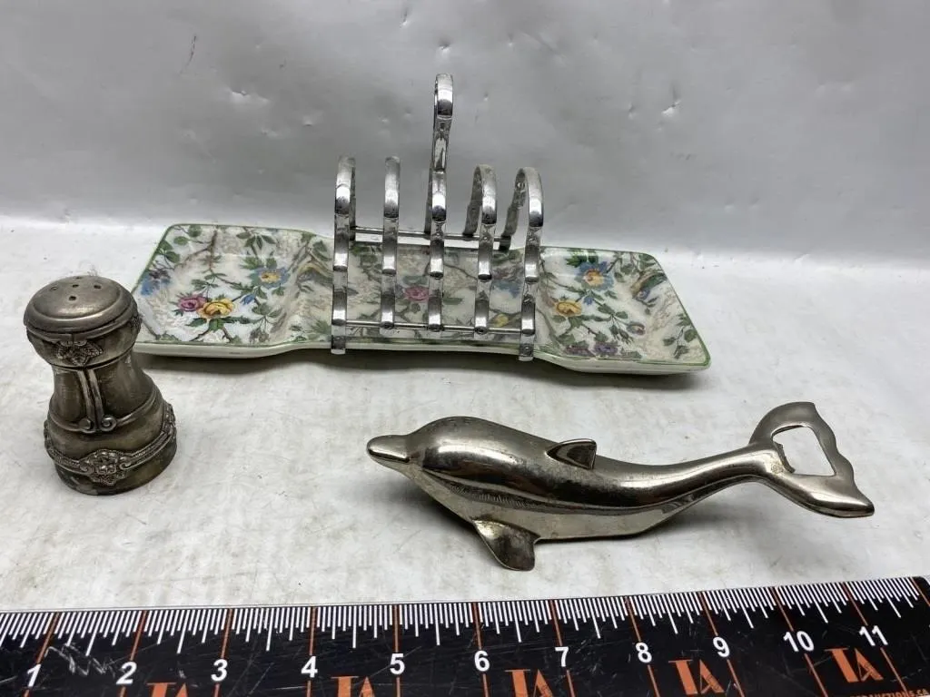 Silver-plate toast rack, tray, dolphin & pepper
