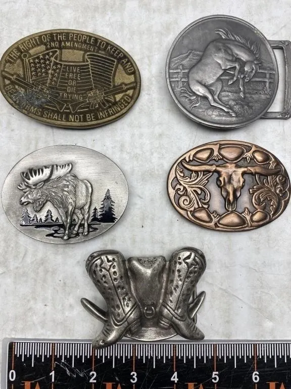 Vintage Belt Buckle Lot: Western, Moose, Skull &