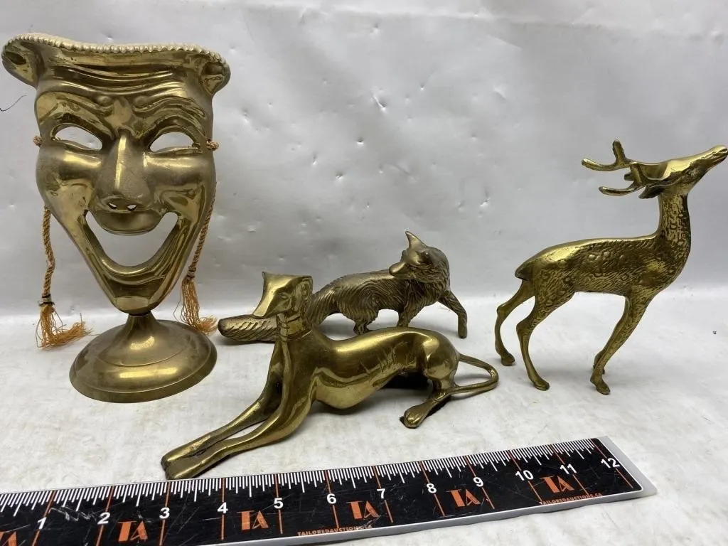 Brass Figurines: Comedy Mask, Fox, Deer &