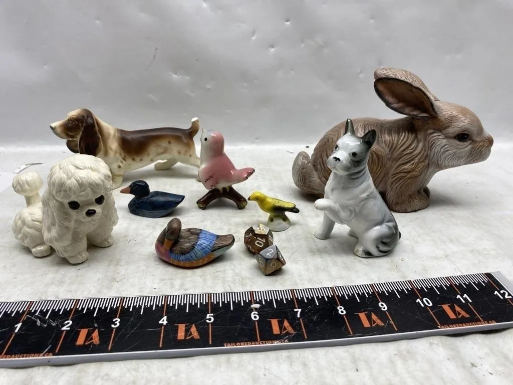 Ceramic figurine lot: dogs, rabbit, birds, ducks &